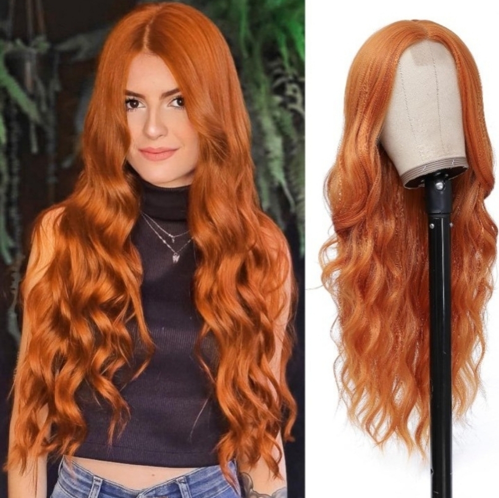 26 Inch Long Wavy Orange Synthetic Hair Wig